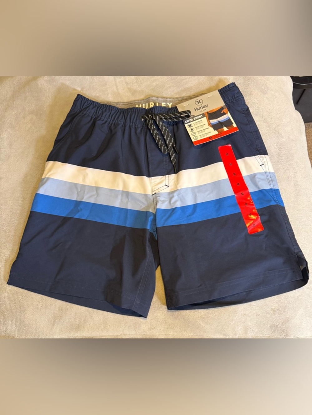 Hurley Men’s Navy Swim Trunks with White and Blue Stripes